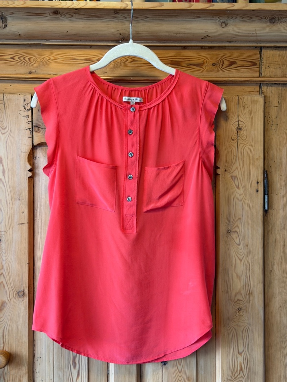 Madewell Silk Broadway & Broome Coral-Red Women's Button Front Silk Henley Top - Picture 12 of 13